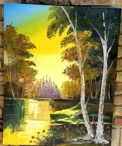 Quadros Pintura em Tela Paisagem Floresta Lago Dourado