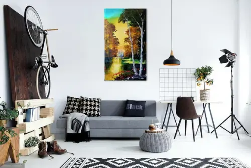 Quadros Pintura em Tela Paisagem Floresta Lago Dourado