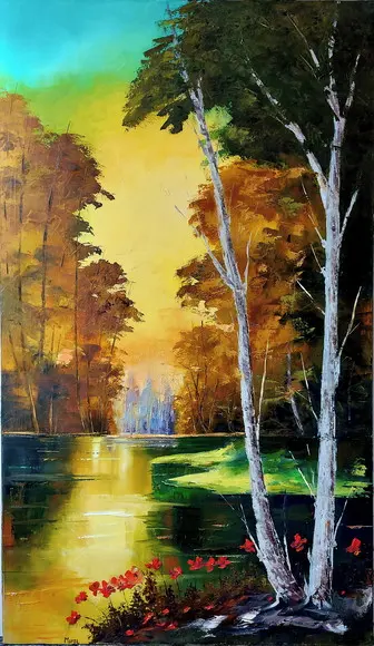 Quadros Pintura em Tela Paisagem Floresta Lago Dourado