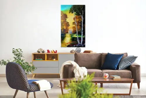 Quadros Pintura em Tela Paisagem Floresta Lago Dourado