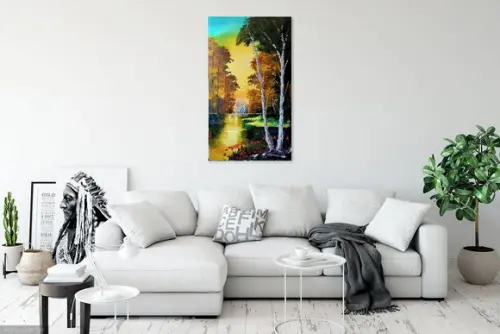 Quadros Pintura em Tela Paisagem Floresta Lago Dourado
