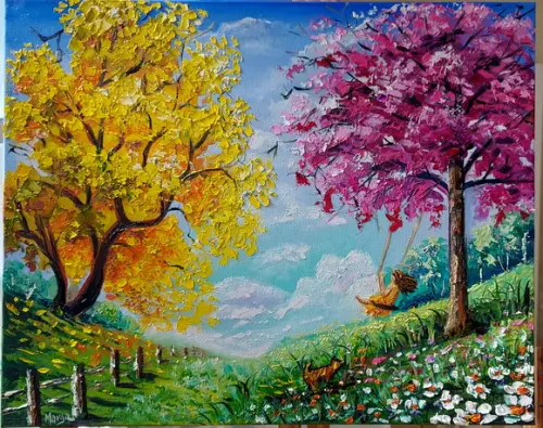 Quadros Pintura em Tela Paisagem Ipê Árvores Floridas