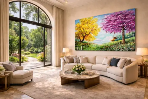 Quadros Pintura em Tela Paisagem Ipê Árvores Floridas