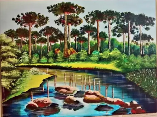 Quadros Pintura em Tela Paisagem Lago com Pedras Pinheiros