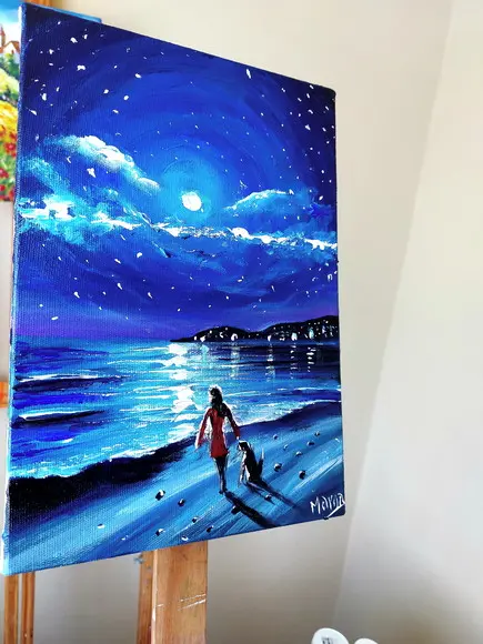 Quadros Pintura em Tela Paisagem Marina Cão Mulher Luar