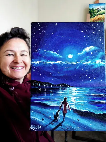 Quadros Pintura em Tela Paisagem Marina Cão Mulher Luar