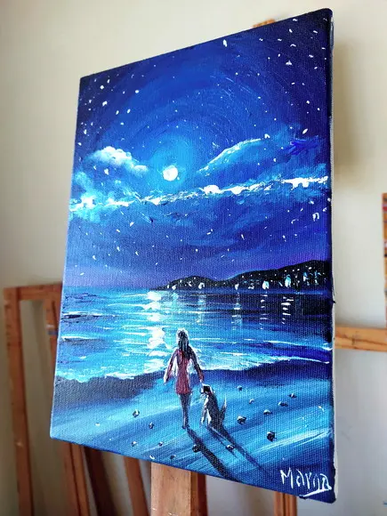 Quadros Pintura em Tela Paisagem Marina Cão Mulher Luar