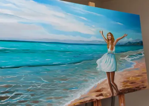 Quadros Pintura em Tela Paisagem Marina Mulher a Beira Mar
