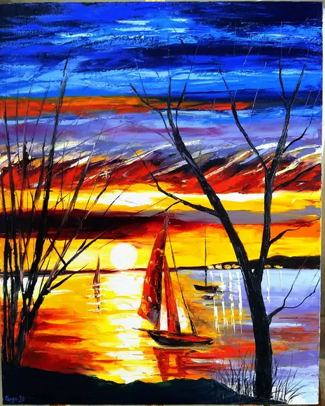 Quadros Pintura em Tela Paisagem Marina Por do Sol no Mar