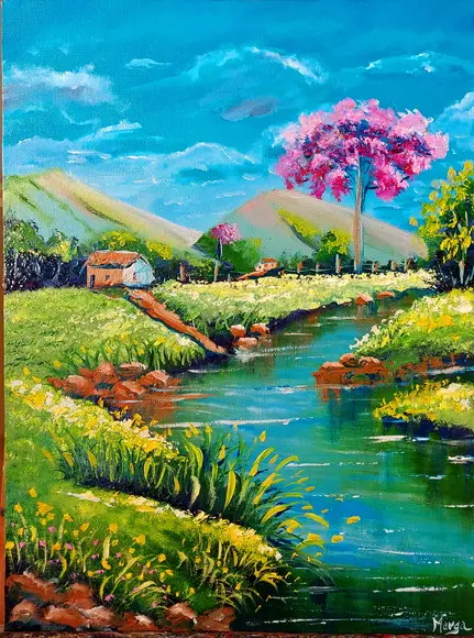 Quadros Pintura em Tela Paisagem Montanhas Ipê Rosa