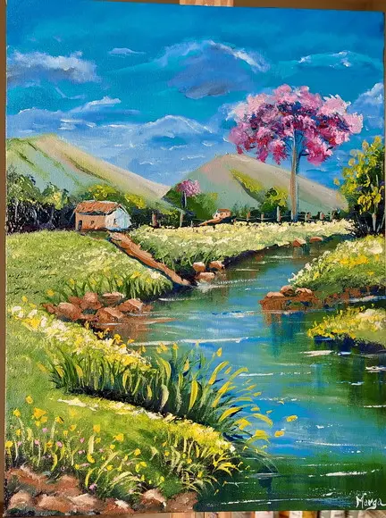 Quadros Pintura em Tela Paisagem Montanhas Ipê Rosa