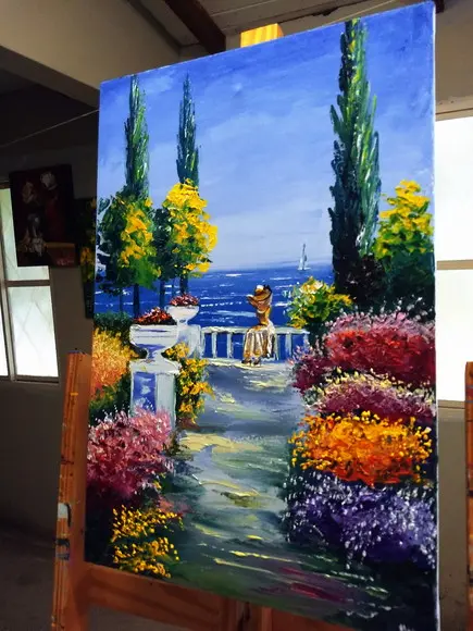 Quadros Pintura em Tela Paisagem Praia Mulher Brisa do Mar