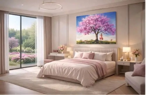Quadros Pintura em Tela Paisagem Primavera Mulher Balanço
