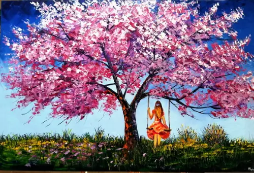 Quadros Pintura em Tela Paisagem Primavera Mulher Balanço