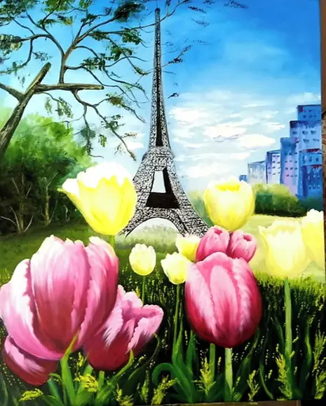 Quadros Pintura em Tela Paisagem Urbana Tulípas Torre Eiffel