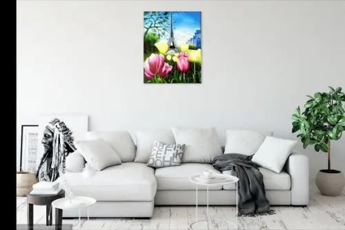 Quadros Pintura em Tela Paisagem Urbana Tulípas Torre Eiffel