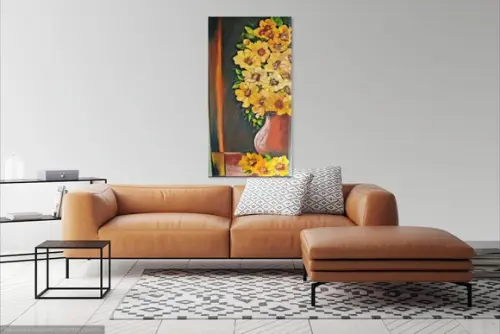 Quadros Pintura Flores Amarelas Vaso de Barro Black Friday