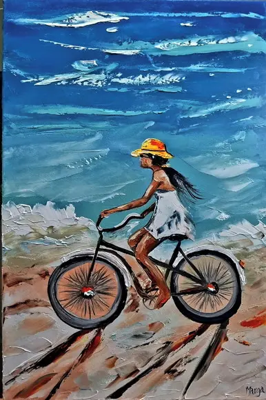 Quadros Pintura Mar Pedalando na Praia Presente de Natal