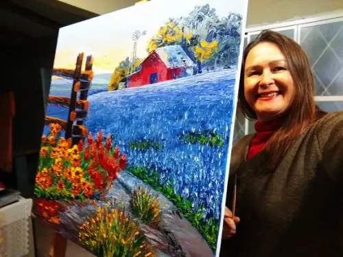 Quadros Pintura Paisagem Campo de Flores Azuis Black Friday