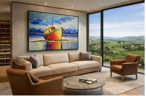 Quadros Pintura Paisagem Marina Barco Ancorado Black Friday