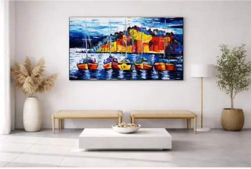 Quadros Pintura Paisagem Marina Barcos Itália Black Friday