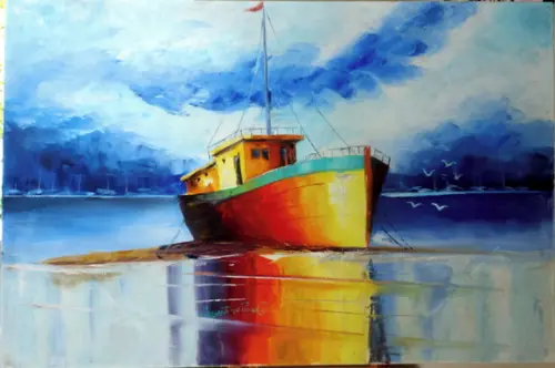 Quadros Pintura Paisagem Marina Barco Ancorado Black Friday