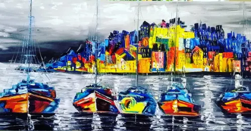 Quadros Pintura Paisagem Marina Barcos Itália Black Friday