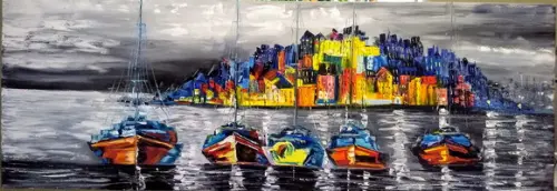 Quadros Pintura Paisagem Marina Barcos Itália Black Friday