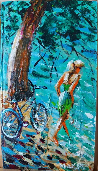 Quadros Pintura Tela Mulher na Praia Bicicleta Black Friday