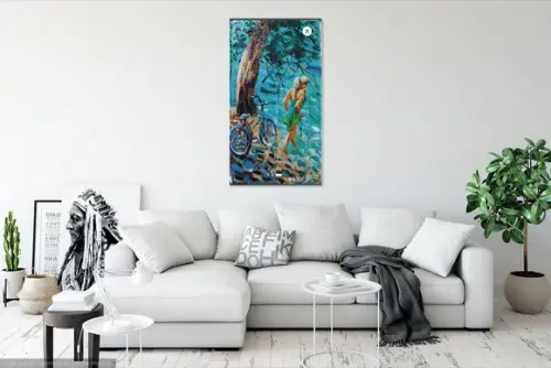 Quadros Pintura Tela Mulher na Praia Bicicleta Black Friday