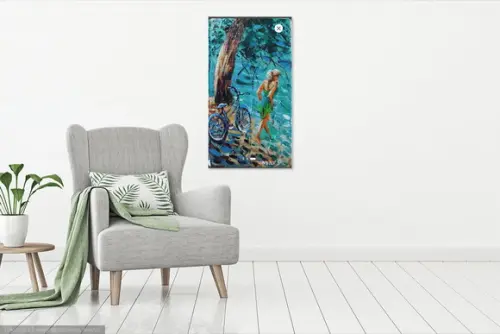 Quadros Pintura Tela Mulher na Praia Bicicleta Black Friday