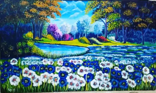 Quadros Pintura Tela Paisagem Campo Florido Relva Perfumada