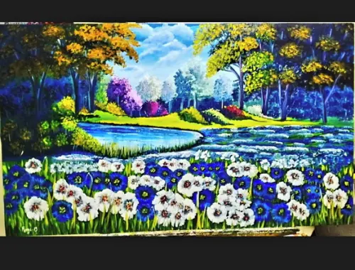 Quadros Pintura Tela Paisagem Campo Florido Relva Perfumada