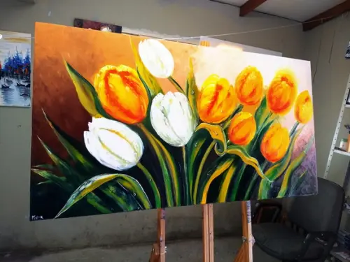 Quadros Pintura Tulípas Amarelas Orvalho Black Friday