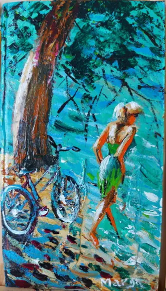Quadros Pinturatela Mar Mulher Praia Bicicleta Black Friday