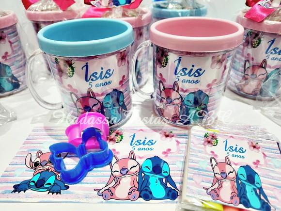 Caneca Acrílica com Kit Massinha Tema Stitch e Angel