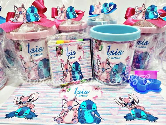 Caneca Acrílica com Kit Massinha Tema Stitch e Angel