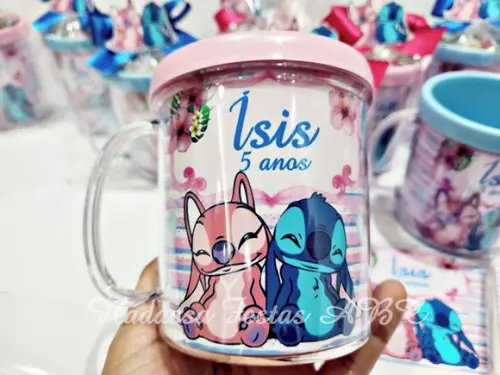 Caneca Acrílica com Kit Massinha Tema Stitch e Angel