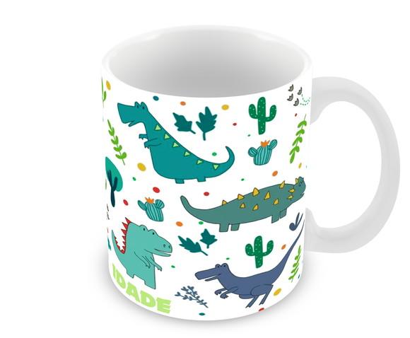 Caneca Polímero Dinossauros Nome e Idade Personalizada