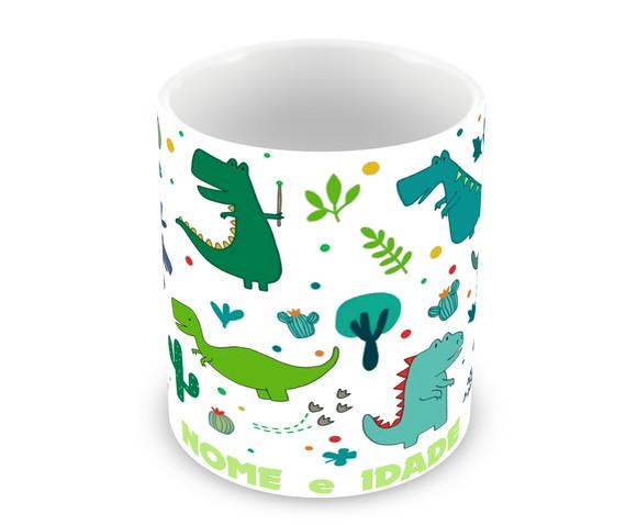 Caneca Polímero Dinossauros Nome e Idade Personalizada