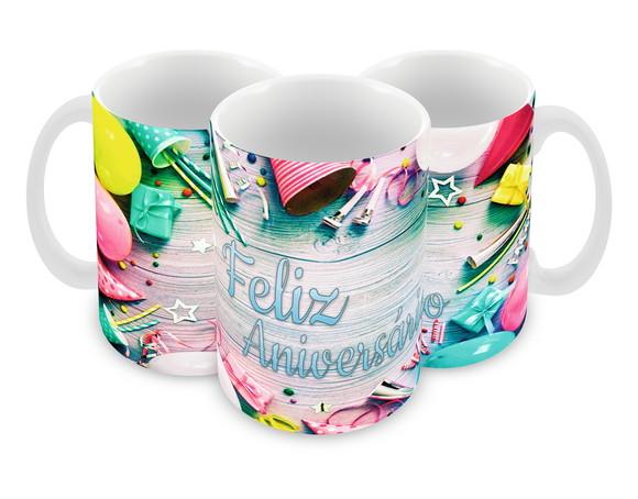 Caneca Polímero Feliz Aniversário Personalizada