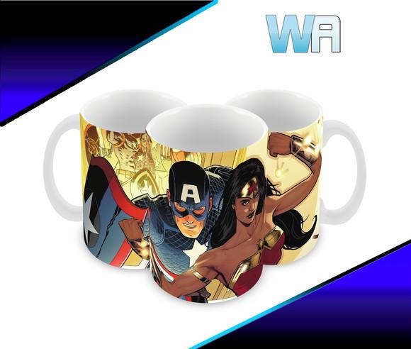 Caneca Polímero Mulher Maravilha e Capitão América