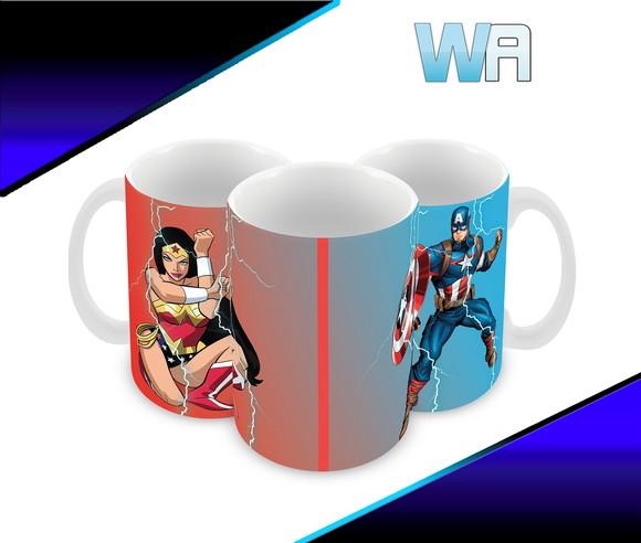 Caneca Polímero Mulher Maravilha e Capitão América