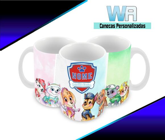 Caneca Polímero Patrulha Canina Aquarela Nome Personalizada