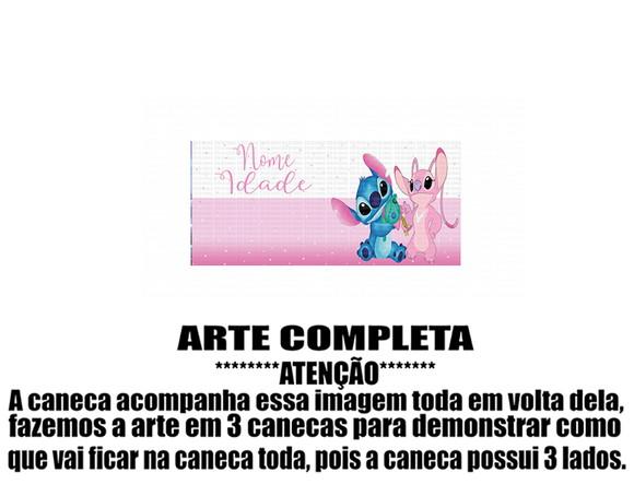 Caneca Polímero Stitch e Angel Nome e Idade Personalizada