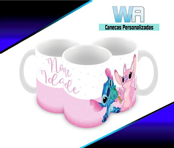 Caneca Polímero Stitch e Angel Nome e Idade Personalizada