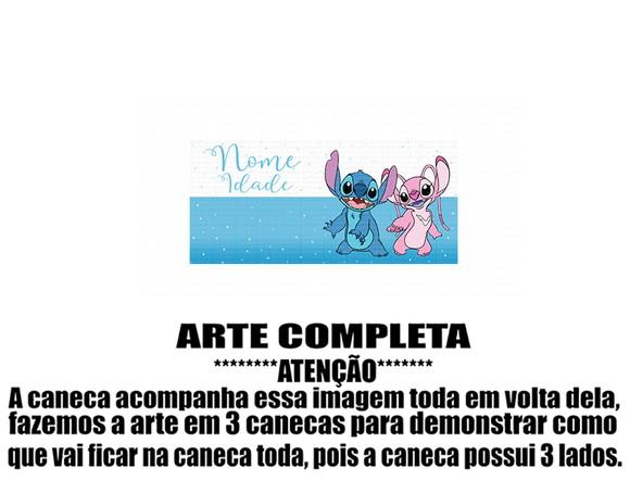 Caneca Polímero Stitch e Angel Nome e Idade Personalizada