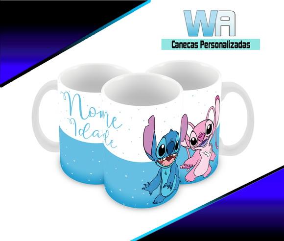 Caneca Polímero Stitch e Angel Nome e Idade Personalizada