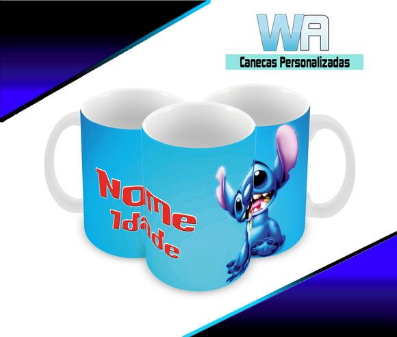 Caneca Polímero Stitch Nome e Idade Personalizada