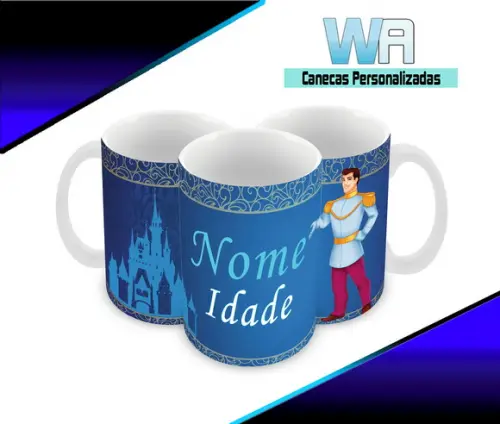 Caneca Polímero Cinderela Príncipe com Nome Personalizada